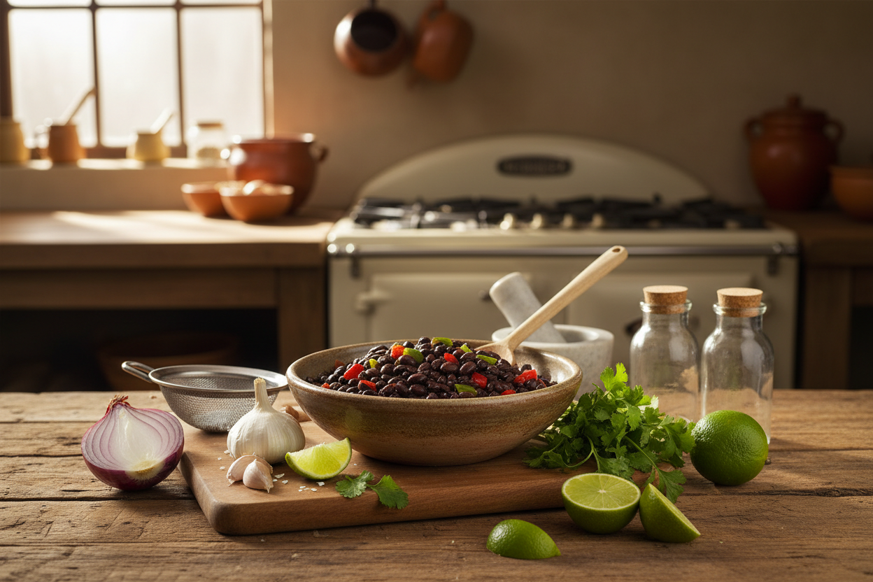 condiment black beans preparation scene